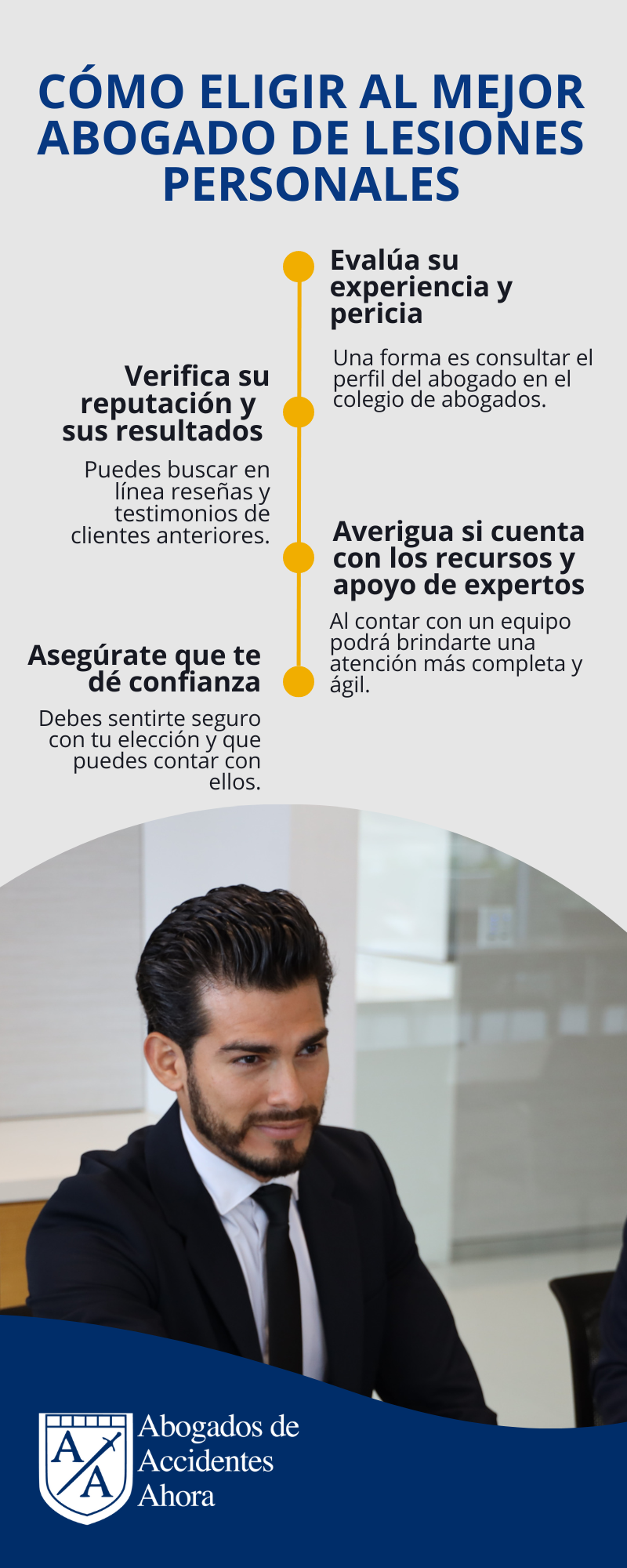 Infografía de los factores clave para contratar al mejor abogado de lesiones personales.